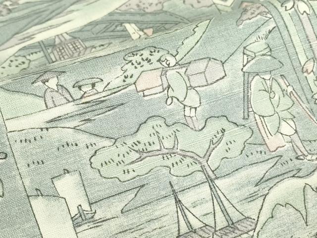 平和屋着物▽上質な小紋 単衣 紬地 人物風景文 正絹 逸品 DABE4692az