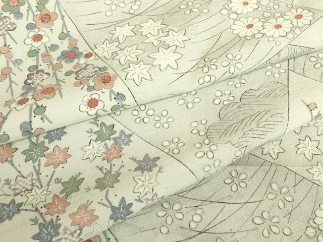 平和屋着物▽上質な小紋 単衣 紬地 切嵌め花文様 正絹 逸品 DABE4703az