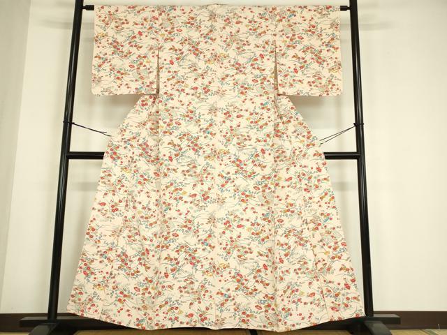 平和屋着物▽上質な小紋 単衣 紬地 扇面花文 正絹 逸品 DABE4704az