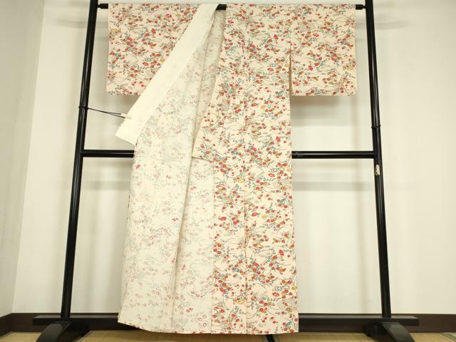 平和屋着物▽上質な小紋 単衣 紬地 扇面花文 正絹 逸品 DABE4704az