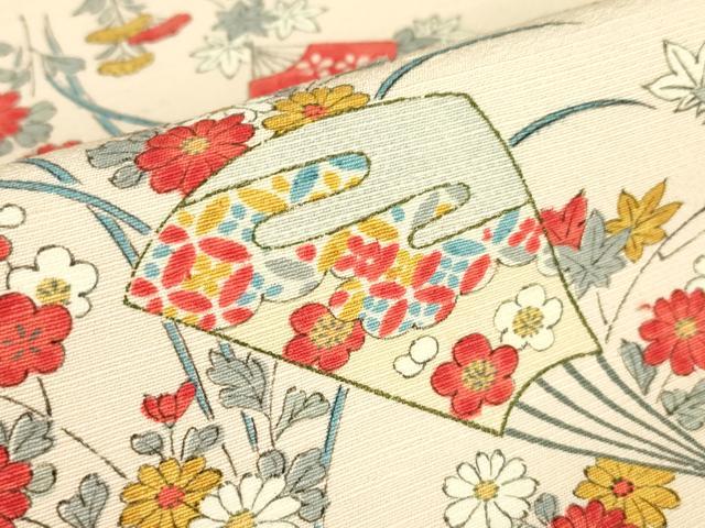平和屋着物▽上質な小紋 単衣 紬地 扇面花文 正絹 逸品 DABE4704az