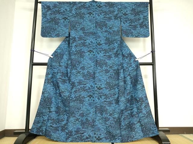 平和屋着物▽本藍 型絵染 小紋 単衣 鴛鴦花文 正絹 逸品 DABE4707az