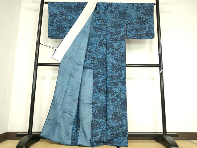 平和屋着物▽本藍 型絵染 小紋 単衣 鴛鴦花文 正絹 逸品 DABE4707az