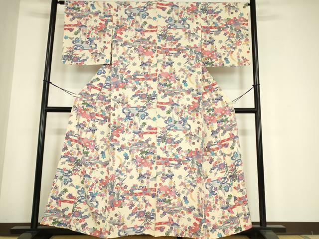 平和屋着物▽上質な小紋 単衣 型染め 花鳥蝶文 正絹 逸品 DABE4708az