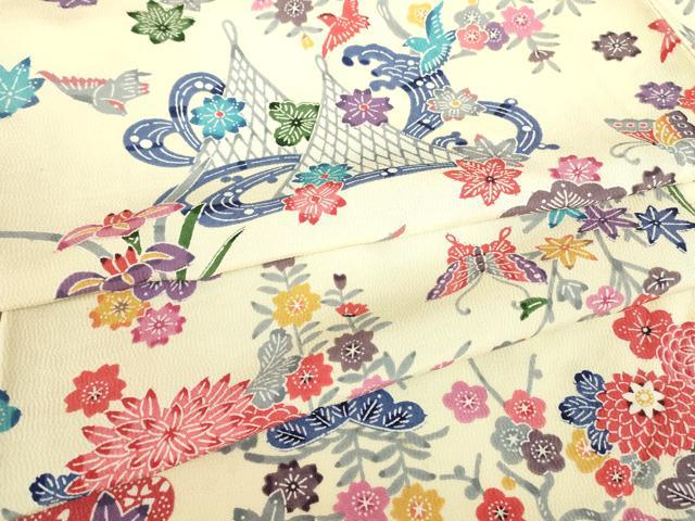 平和屋着物▽上質な小紋 単衣 型染め 花鳥蝶文 正絹 逸品 DABE4708az