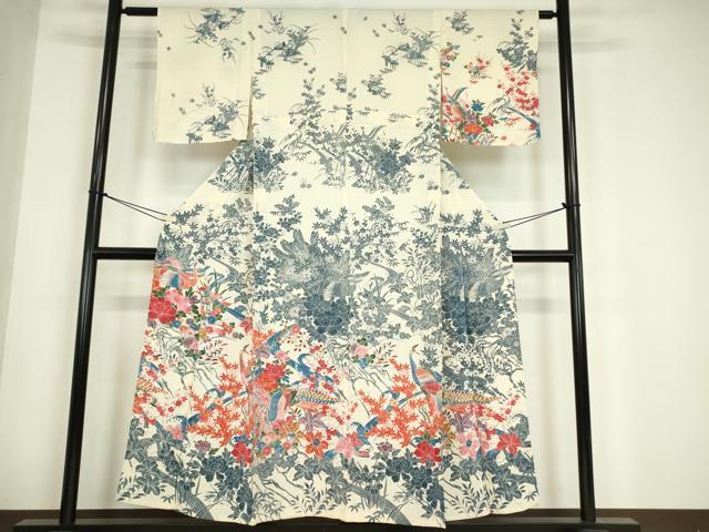 平和屋着物▽訪問着 単衣 型染め 孔雀花文 鬼しぼ縮緬 正絹 逸品 DABE4712az