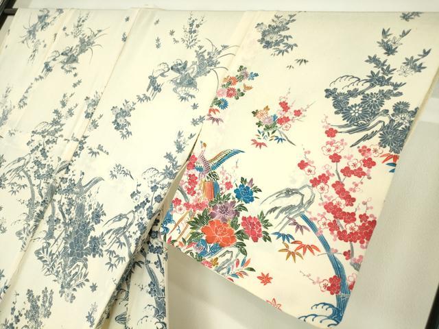 平和屋着物▽訪問着 単衣 型染め 孔雀花文 鬼しぼ縮緬 正絹 逸品 DABE4712az
