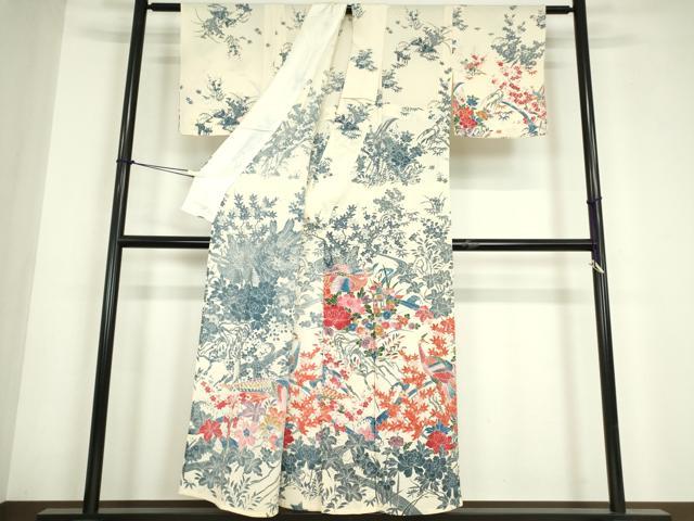 平和屋着物▽訪問着 単衣 型染め 孔雀花文 鬼しぼ縮緬 正絹 逸品 DABE4712az