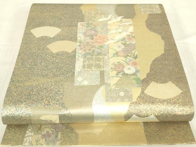 平和屋着物▼太鼓柄袋帯 螺鈿箔 短冊花文 金彩 正絹 逸品 DABE4758az