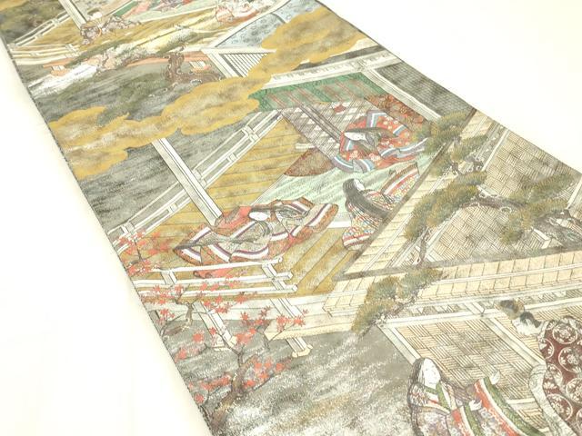 平和屋着物▼極上 西陣あさぎ 全景全通柄袋帯 絵巻 伊勢物語 全景全通図 24金プラチナ二重箔 正絹 逸品 DABE4773az