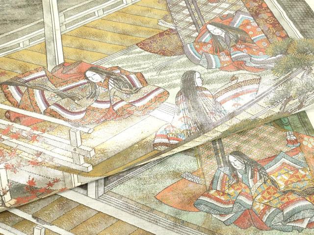 平和屋着物▼極上 西陣あさぎ 全景全通柄袋帯 絵巻 伊勢物語 全景全通図 24金プラチナ二重箔 正絹 逸品 DABE4773az