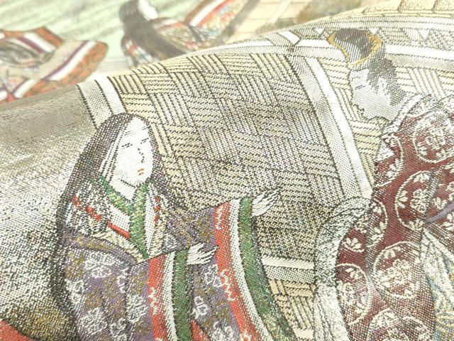 平和屋着物▼極上 西陣あさぎ 全景全通柄袋帯 絵巻 伊勢物語 全景全通図 24金プラチナ二重箔 正絹 逸品 DABE4773az