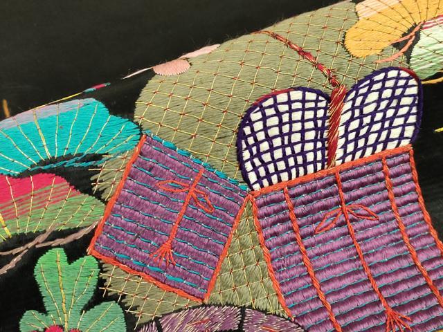 平和屋着物▼アンティーク 大正ロマン 九寸名古屋帯 総刺繍 御所車花文 黒地 金糸 正絹 逸品 DABE4786az