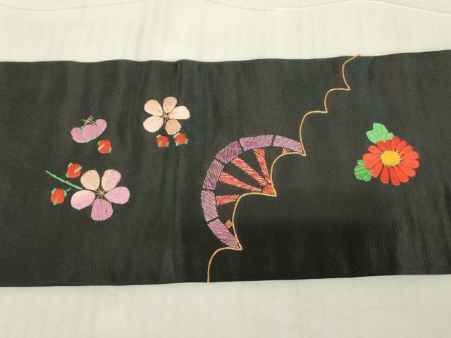 平和屋着物▼アンティーク 大正ロマン 九寸名古屋帯 総刺繍 御所車花文 黒地 金糸 正絹 逸品 DABE4786az