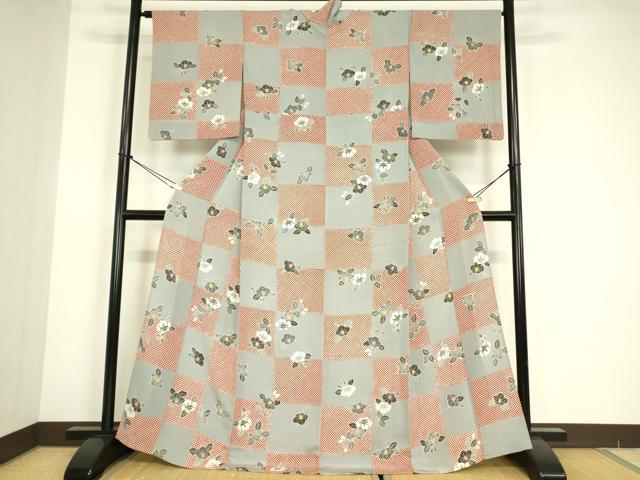 平和屋着物▽上質な小紋 単衣 型染め 市松花文 鬼しぼ縮緬 正絹 逸品 DABE4798az