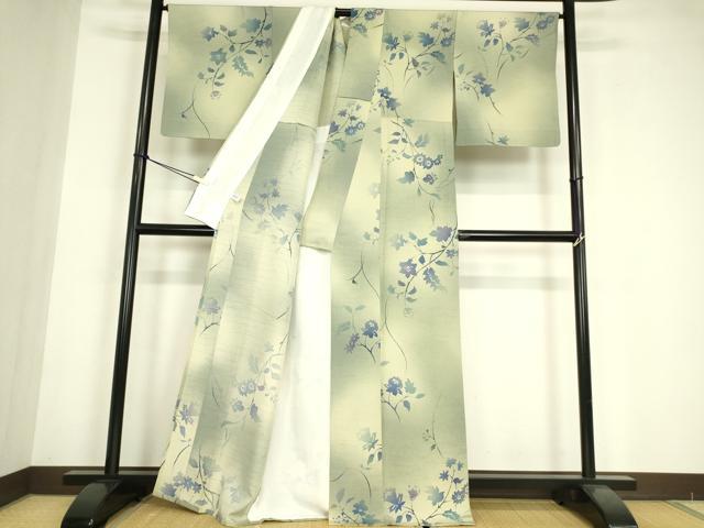 平和屋着物▽上質な小紋 紬地 単衣 型染め 草花文 暈し染め 正絹 逸品 DABE4803az