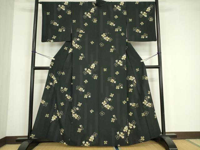 平和屋着物▽小紋 単衣 舞花文 黒地 洗える着物 DABE4822az