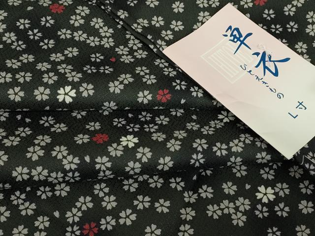 平和屋着物▽小紋 単衣 舞桜文 黒地 洗える着物 未使用 DABE4852az