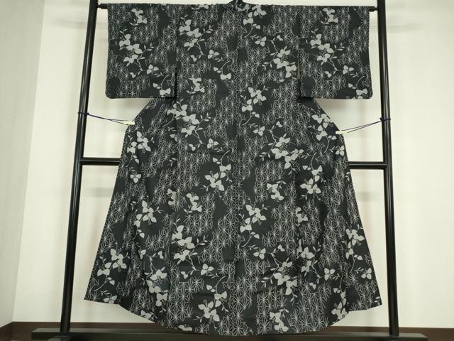 平和屋着物▽小紋 単衣 麻の葉花文 黒地 洗える着物 DABE4853az
