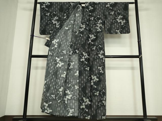 平和屋着物▽小紋 単衣 麻の葉花文 黒地 洗える着物 DABE4853az