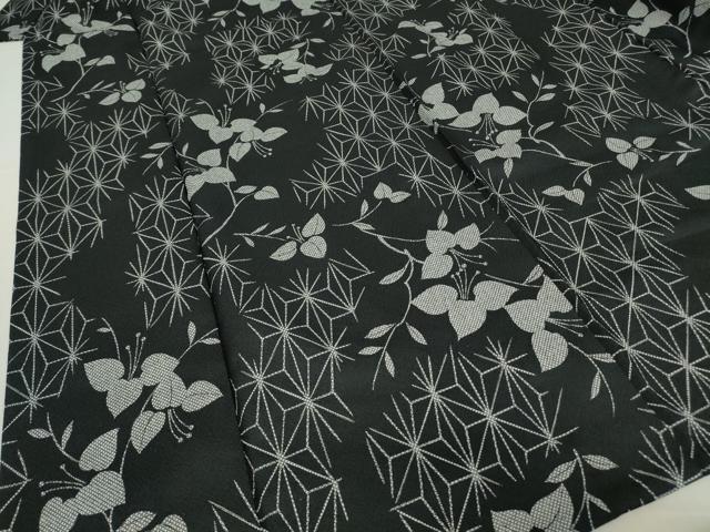 平和屋着物▽小紋 単衣 麻の葉花文 黒地 洗える着物 DABE4853az
