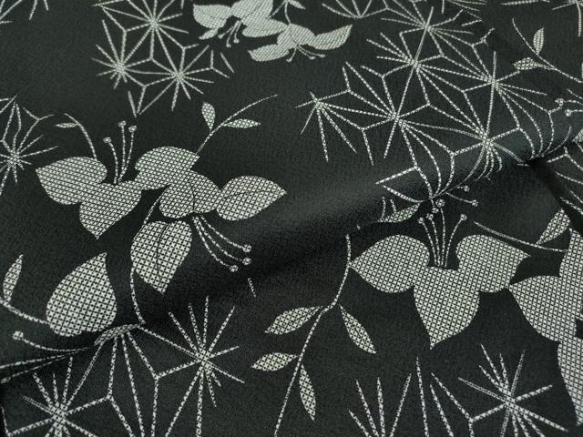 平和屋着物▽小紋 単衣 麻の葉花文 黒地 洗える着物 DABE4853az