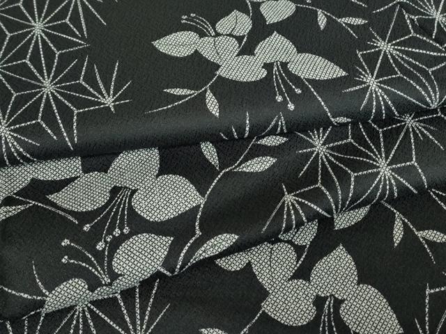 平和屋着物▽小紋 単衣 麻の葉花文 黒地 洗える着物 DABE4853az