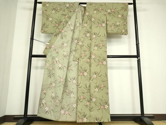 平和屋着物▽小紋 単衣 型染 草花文 洗える着物 DABE4865az