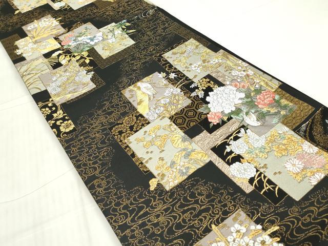 平和屋着物▼六通柄袋帯 色紙花鳥文 黒地 金糸 正絹 逸品 DABE4888az