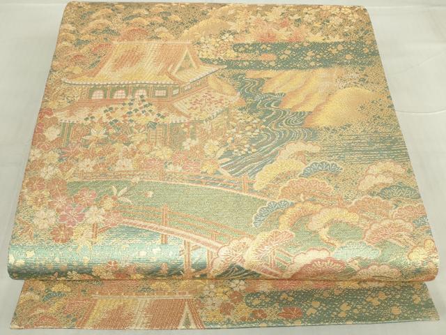 平和屋着物▼六通柄袋帯 古代はく 渡り橋花松文 金糸 正絹 逸品 DABE4920az