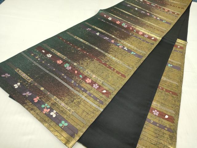 平和屋着物▼六通柄袋帯 横段花文 金糸 引箔 正絹 逸品 DABE4929az