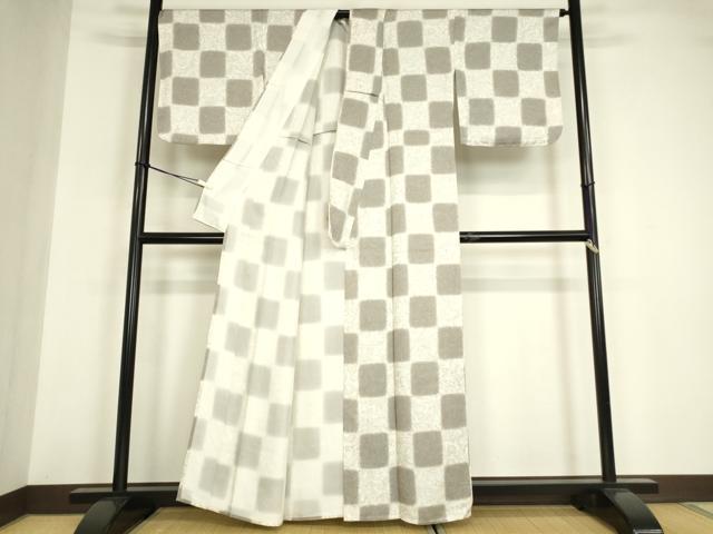 平和屋着物▽上質な小紋 単衣 墨流し市松文 正絹 逸品 DABE4948az