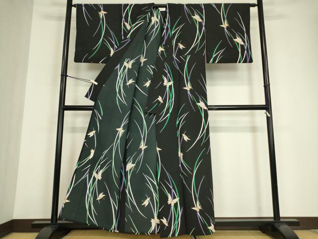 平和屋着物▽小紋 単衣 舞蝶文 黒地 洗える着物 DABE4950az