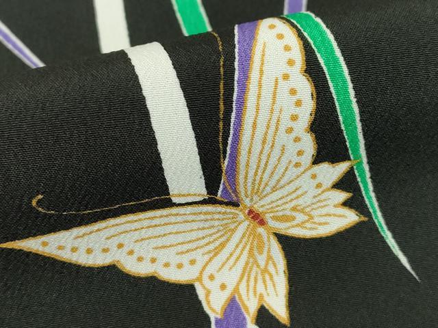 平和屋着物▽小紋 単衣 舞蝶文 黒地 洗える着物 DABE4950az