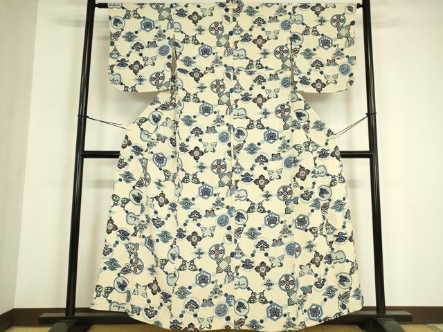 平和屋着物▽上質な小紋 単衣 藍 型染め 舞蝶花文 正絹 逸品 DABE4972az