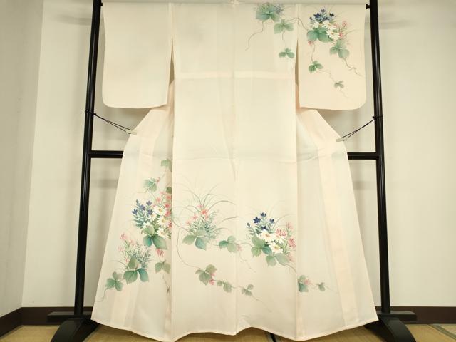平和屋着物▽訪問着 単衣 草花文 手描き 正絹 逸品 DABE4982az