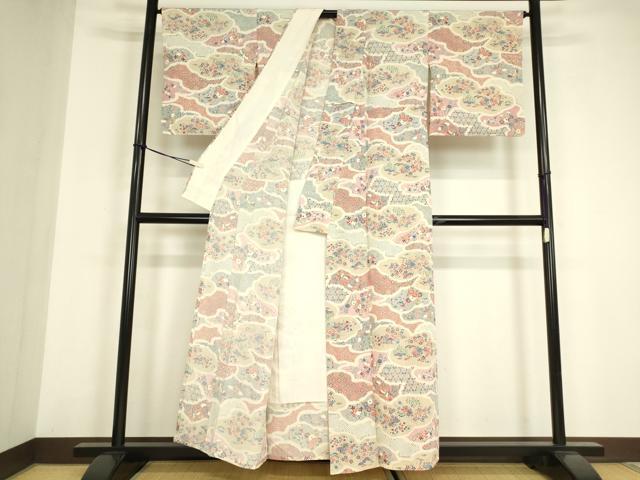 平和屋着物▽上質な小紋 単衣 創作民芸小紋 鳳凰風景花文 反端付き 正絹 逸品 DABE4983az