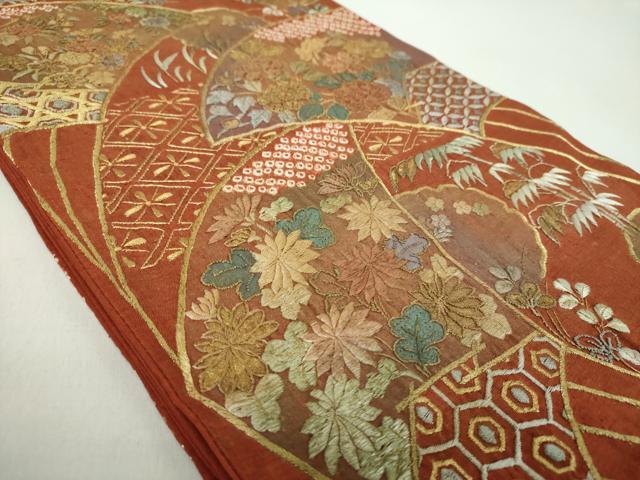 平和屋着物●中国三大刺繍 スワトウ相良刺繍 汕頭相良刺繍 総刺繍 袋帯 紬地 絞り 扇面花文 金糸 正絹 逸品 DABE5047ps