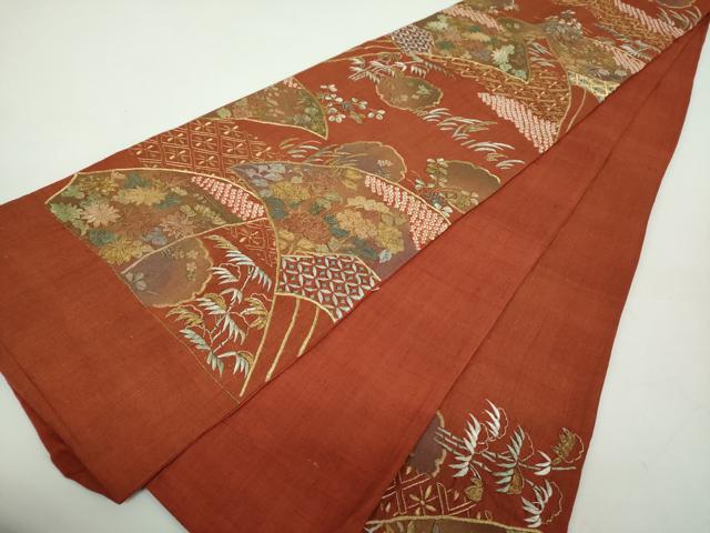 平和屋着物●中国三大刺繍 スワトウ相良刺繍 汕頭相良刺繍 総刺繍 袋帯 紬地 絞り 扇面花文 金糸 正絹 逸品 DABE5047ps
