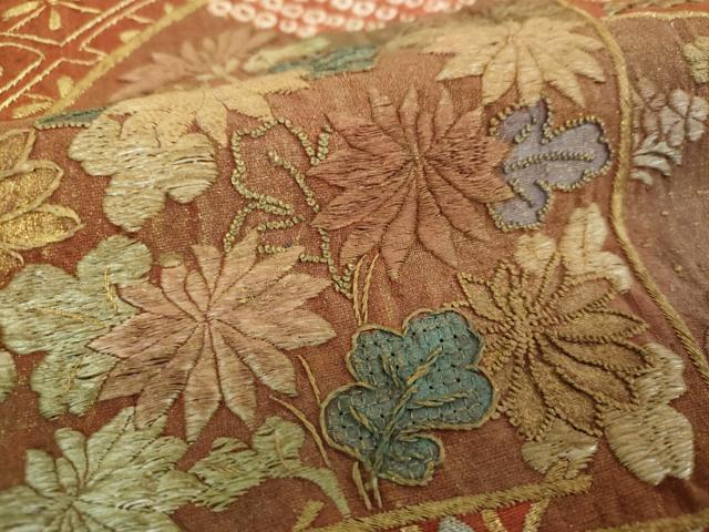 平和屋着物●中国三大刺繍 スワトウ相良刺繍 汕頭相良刺繍 総刺繍 袋帯 紬地 絞り 扇面花文 金糸 正絹 逸品 DABE5047ps