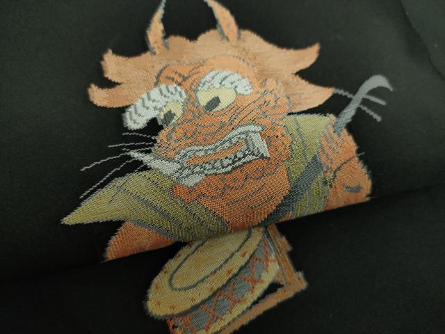 平和屋着物●太鼓柄袋帯 すくい織 大津絵 赤鬼 楽器 酒 黒地 三越扱い 正絹 逸品 DABE5050ps
