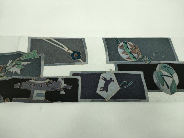 平和屋着物●全通柄九寸名古屋帯 玩具文様 成り物 鬼しぼ縮緬 金彩 正絹 逸品 未使用 DABE5071ps