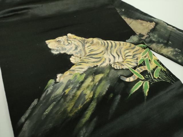 平和屋着物●アンティーク 大正ロマン 九寸名古屋帯 手描き 虎 猪 笹竹 黒地 正絹 逸品 DABE5087ps