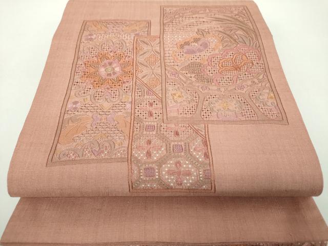 平和屋着物●中国三大刺繍 スワトウ刺繍 汕頭刺繍 総刺繍 太鼓柄袋帯 紬地 絽刺し 色紙重ね花文 正絹 逸品 DABE5095ps