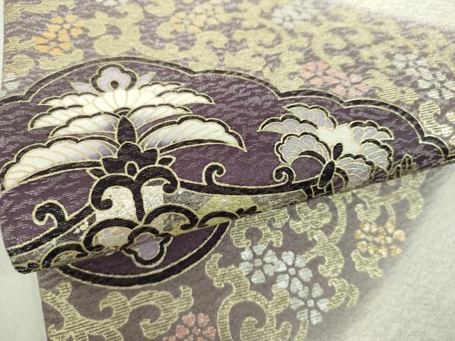 平和屋着物●太鼓柄袋帯 貝紫 刺繍 花菱文 金銀彩 金通し地 正絹 逸品 未使用 DABE5100ps