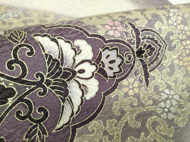 平和屋着物●太鼓柄袋帯 貝紫 刺繍 花菱文 金銀彩 金通し地 正絹 逸品 未使用 DABE5100ps