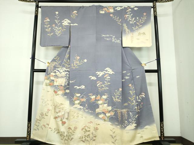 平和屋着物●訪問着 駒刺繍 風景花文 暈し染め 金彩 鈴乃屋扱い 正絹 逸品 未使用 DABE5120ps