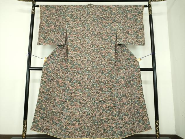 平和屋着物●上質な小紋 紅型 舞蝶花文 鬼しぼ縮緬 正絹 逸品 DABE5137ps