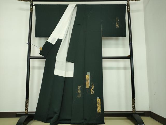 平和屋着物●訪問着 刺繍 手描き 短冊花文 黒地 金彩 正絹 逸品 DABE5160ps
