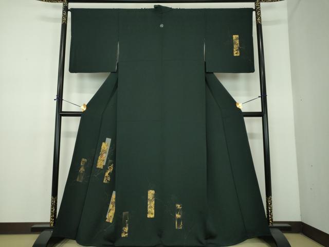 平和屋着物●訪問着 刺繍 手描き 短冊花文 黒地 金彩 正絹 逸品 DABE5160ps